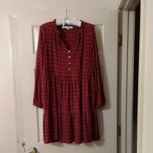 LOFT Red Plaid Tiered Button-Front Long Sleeve Dress